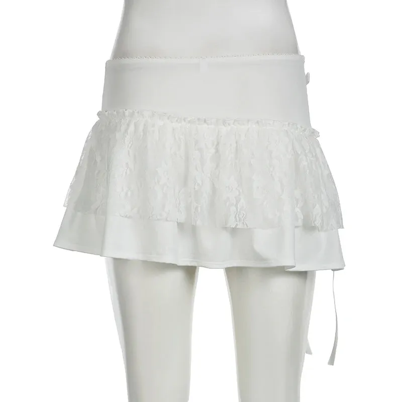 Korean Fashion White A-Line Mini Skirt Lace Patchwork Sweet Bow Asymmetrical Summer Skirts Women Ruched Preppy Girls