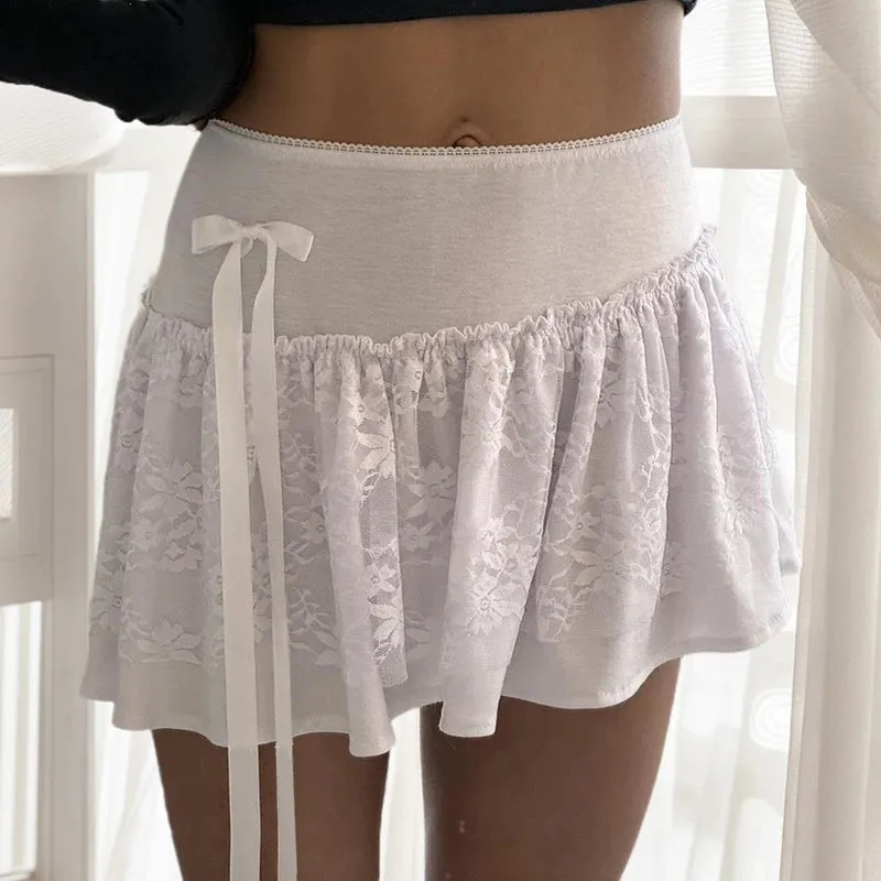 Korean Fashion White A-Line Mini Skirt Lace Patchwork Sweet Bow Asymmetrical Summer Skirts Women Ruched Preppy Girls