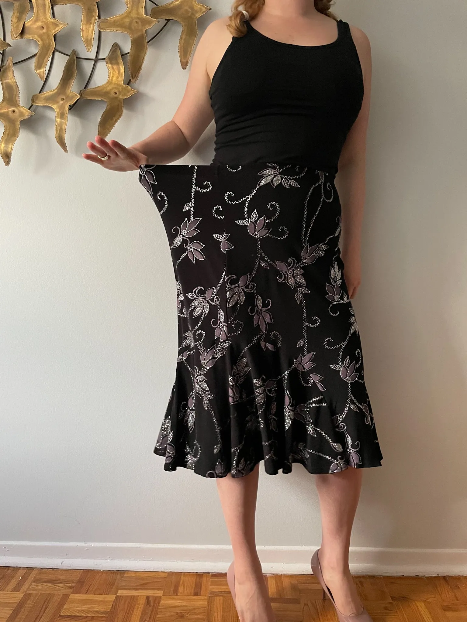 Marallis Black Purple Sparkly Floral Trumpet Stretch Midi Skirt - Medium