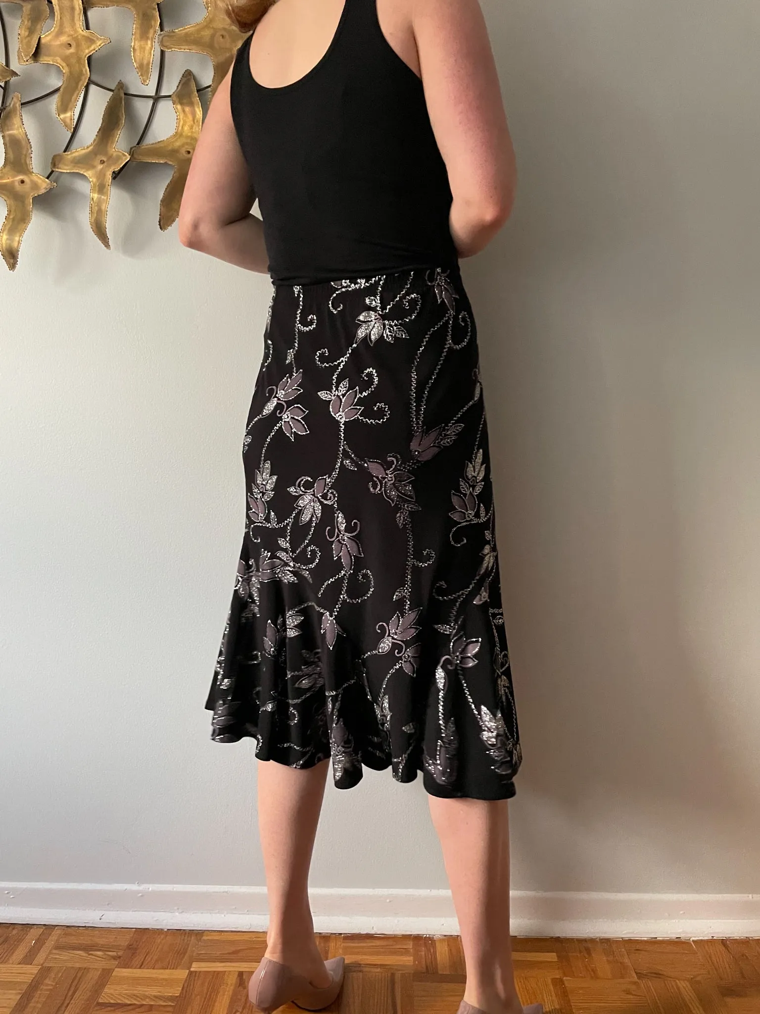 Marallis Black Purple Sparkly Floral Trumpet Stretch Midi Skirt - Medium