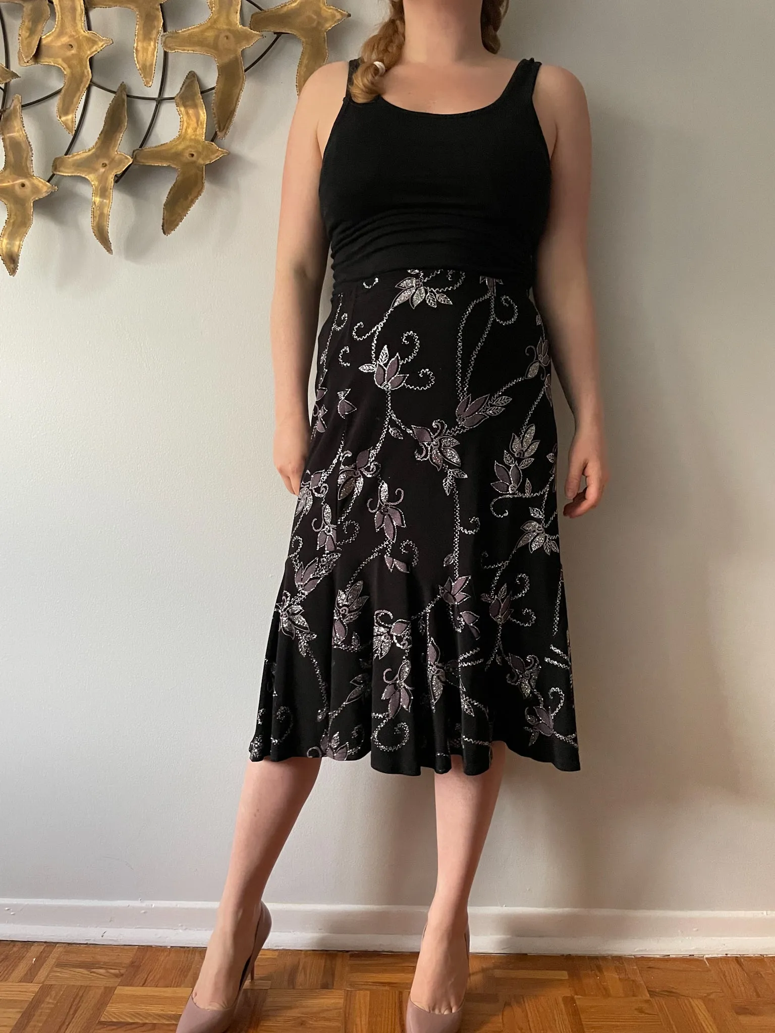 Marallis Black Purple Sparkly Floral Trumpet Stretch Midi Skirt - Medium