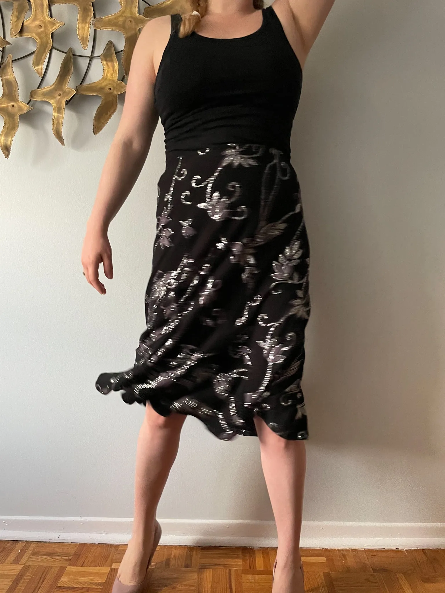 Marallis Black Purple Sparkly Floral Trumpet Stretch Midi Skirt - Medium