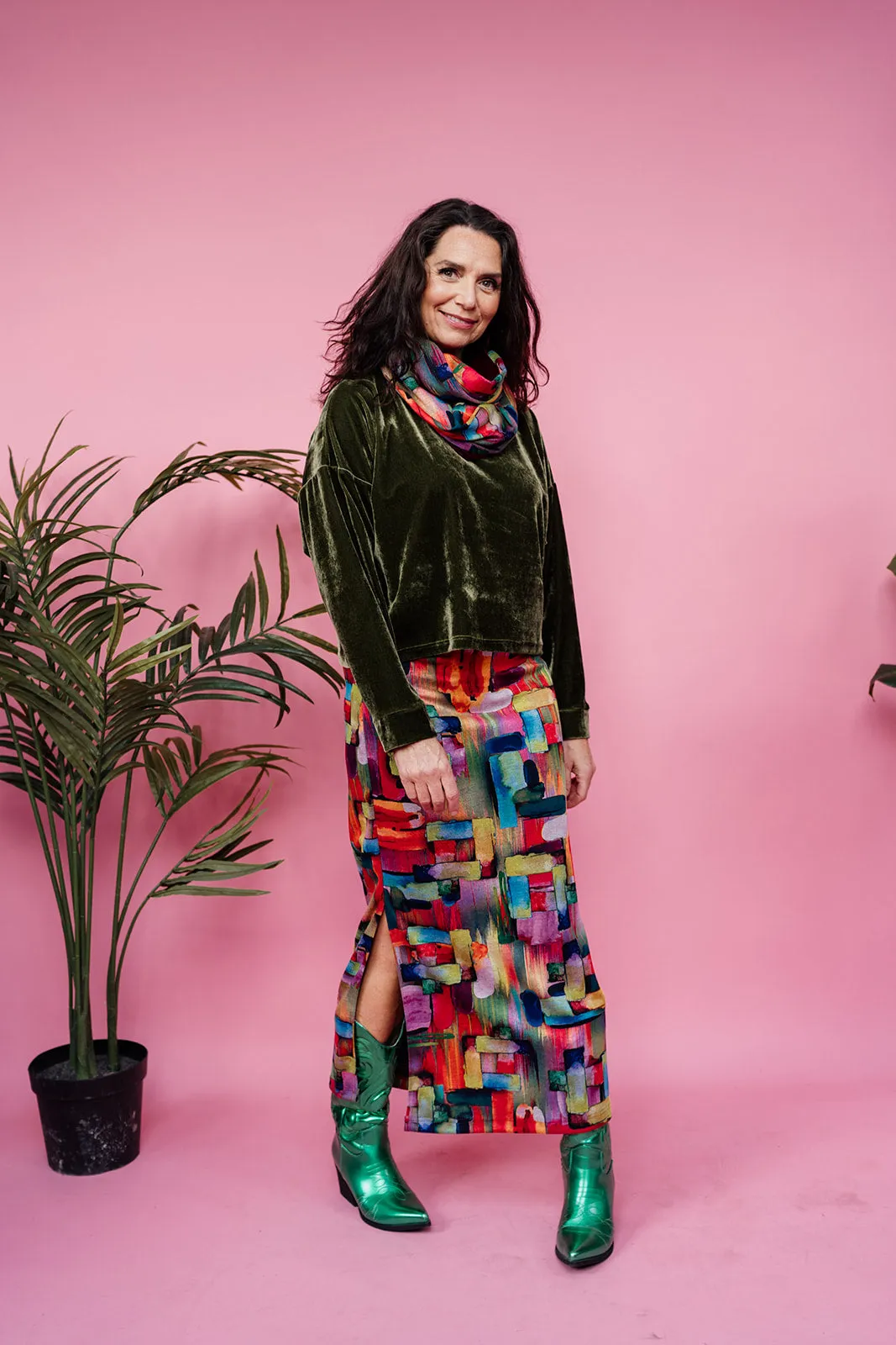 Maxi Velvet Side Split Skirt in Abstract Rainbow