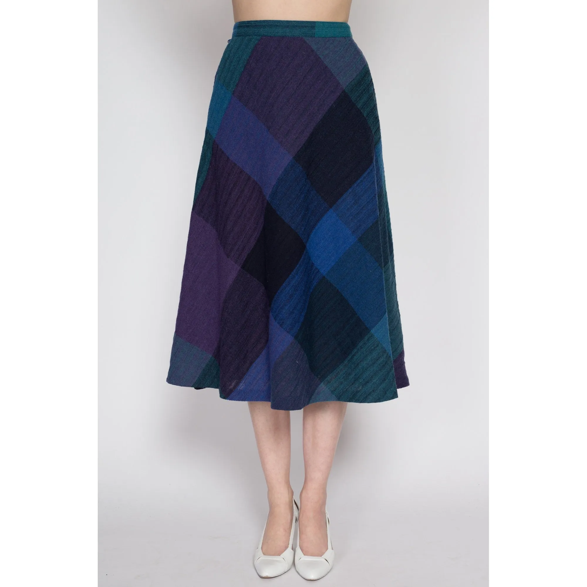 Medium 70s Dark Plaid A Line Midi Skirt 28"