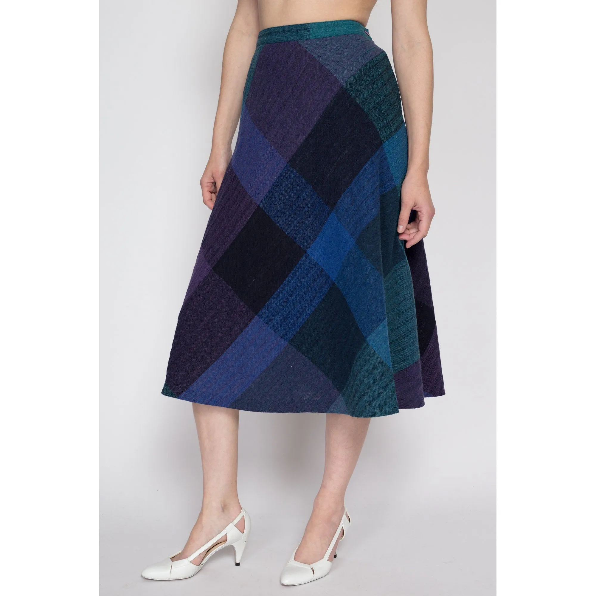 Medium 70s Dark Plaid A Line Midi Skirt 28"