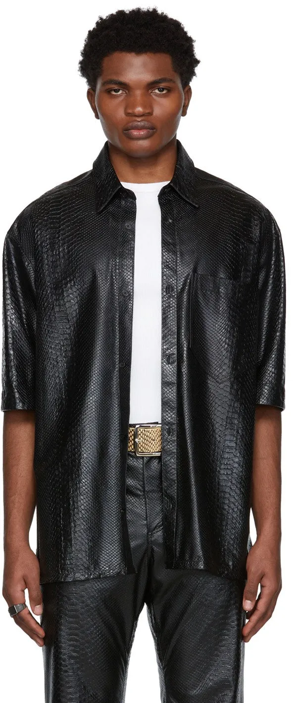 Men’s Black SnakeSkin Printed Leather Shirt