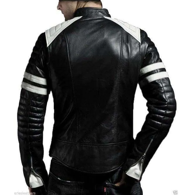 Men's Leather White Stripped Jacket, Black Biker Handmade Jacket