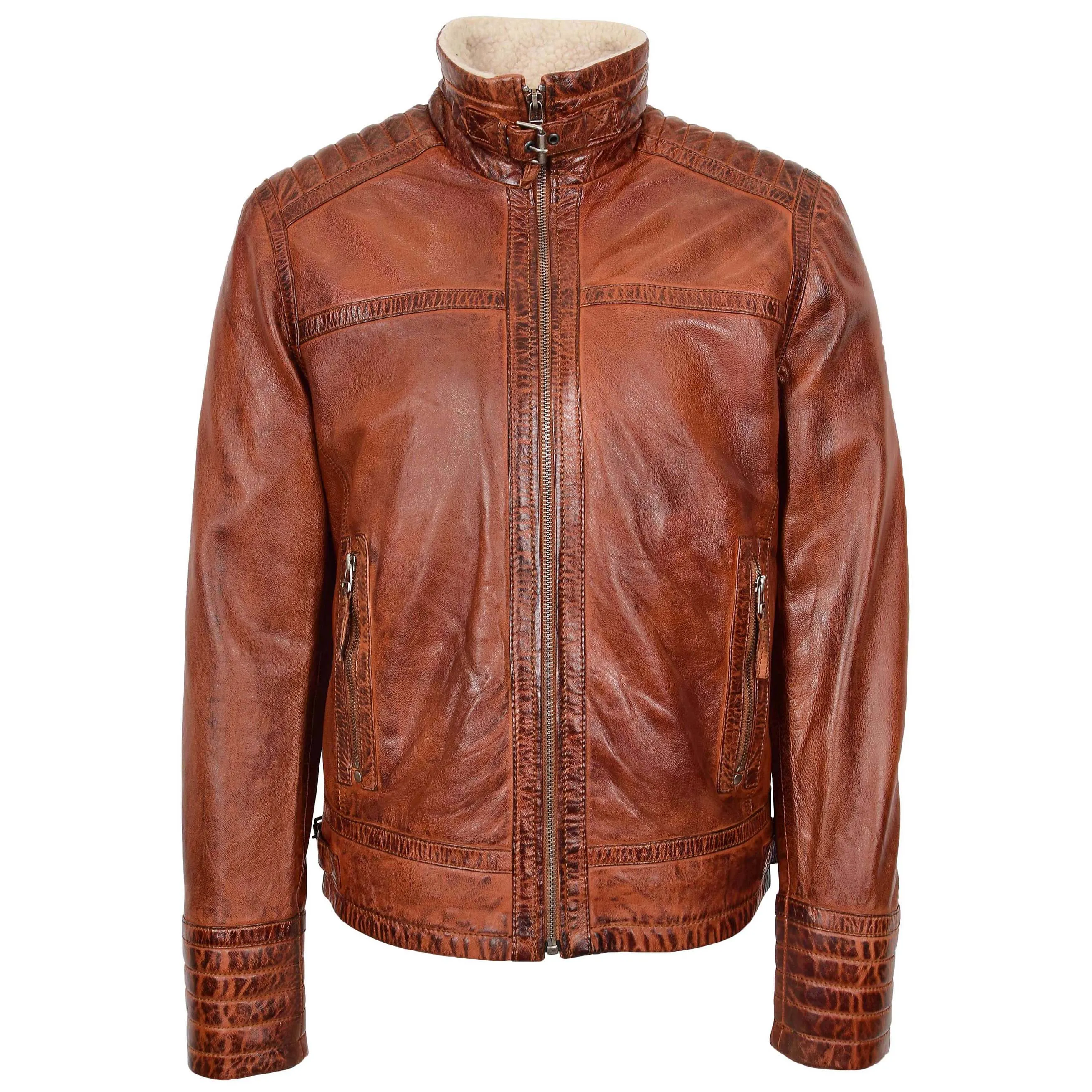 Mens Real Leather Sherpa Lined Jacket Alfie Brown