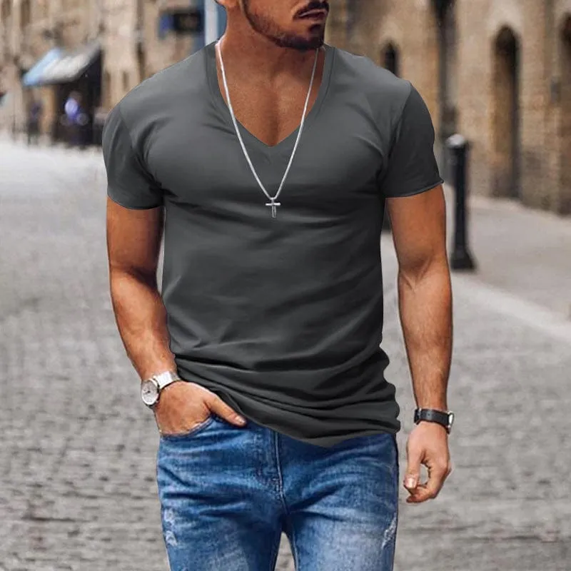 Men's V Neck Solid Color Casual Short Sleeved T Shirt