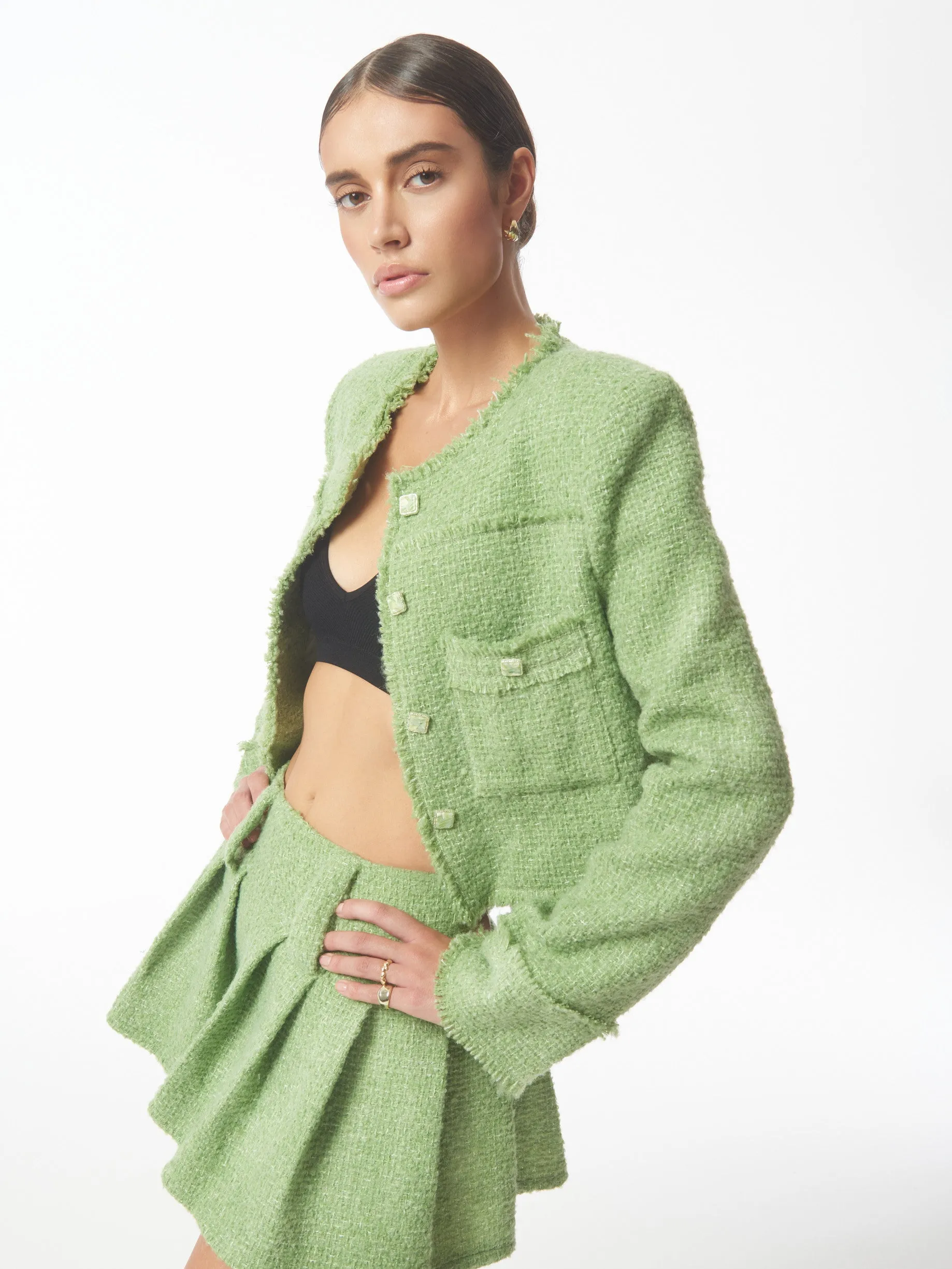 Metallic Thread Bouclé Tweed Jacket in Pistachio Green