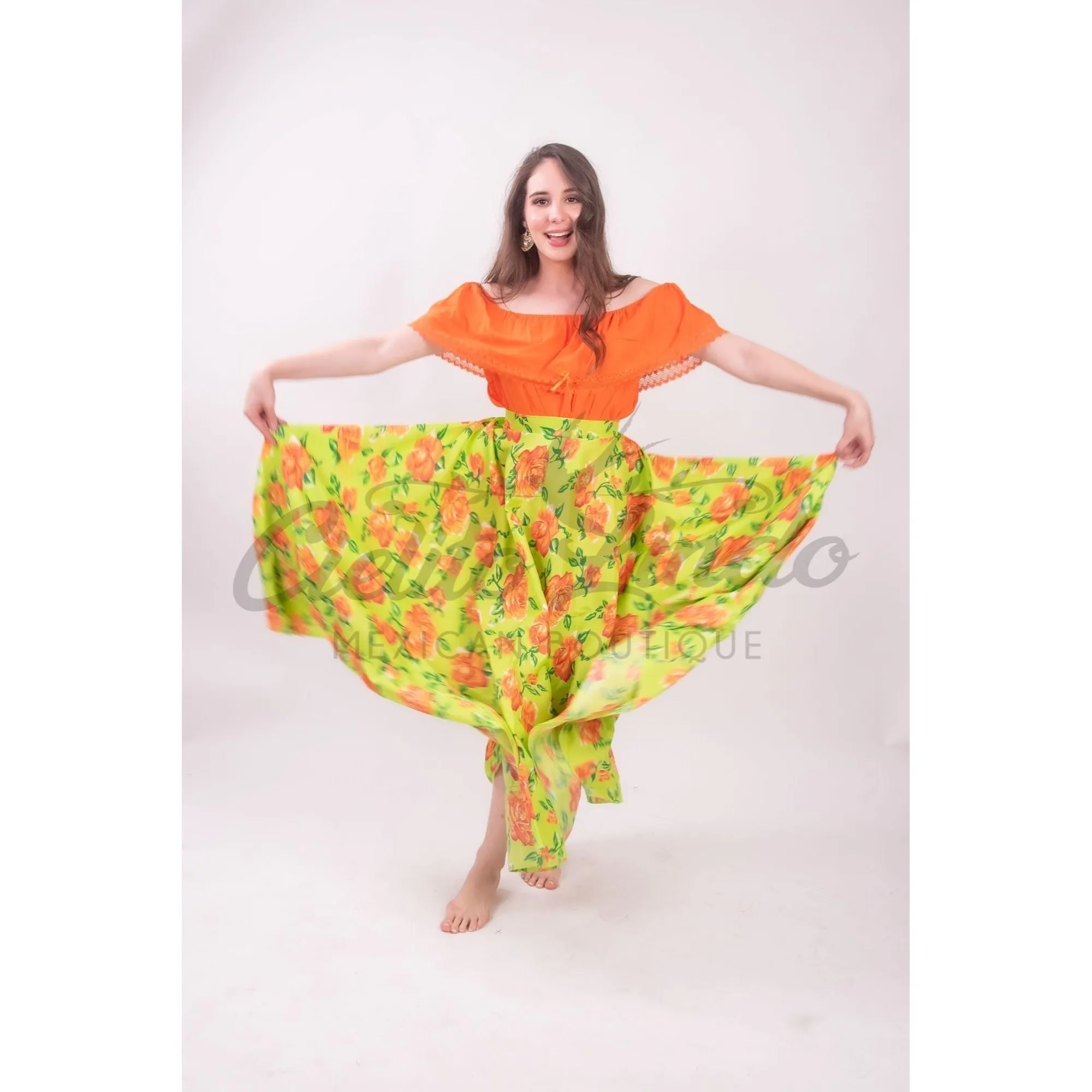 Mexican Folklorico Lime Green Floral Skirt