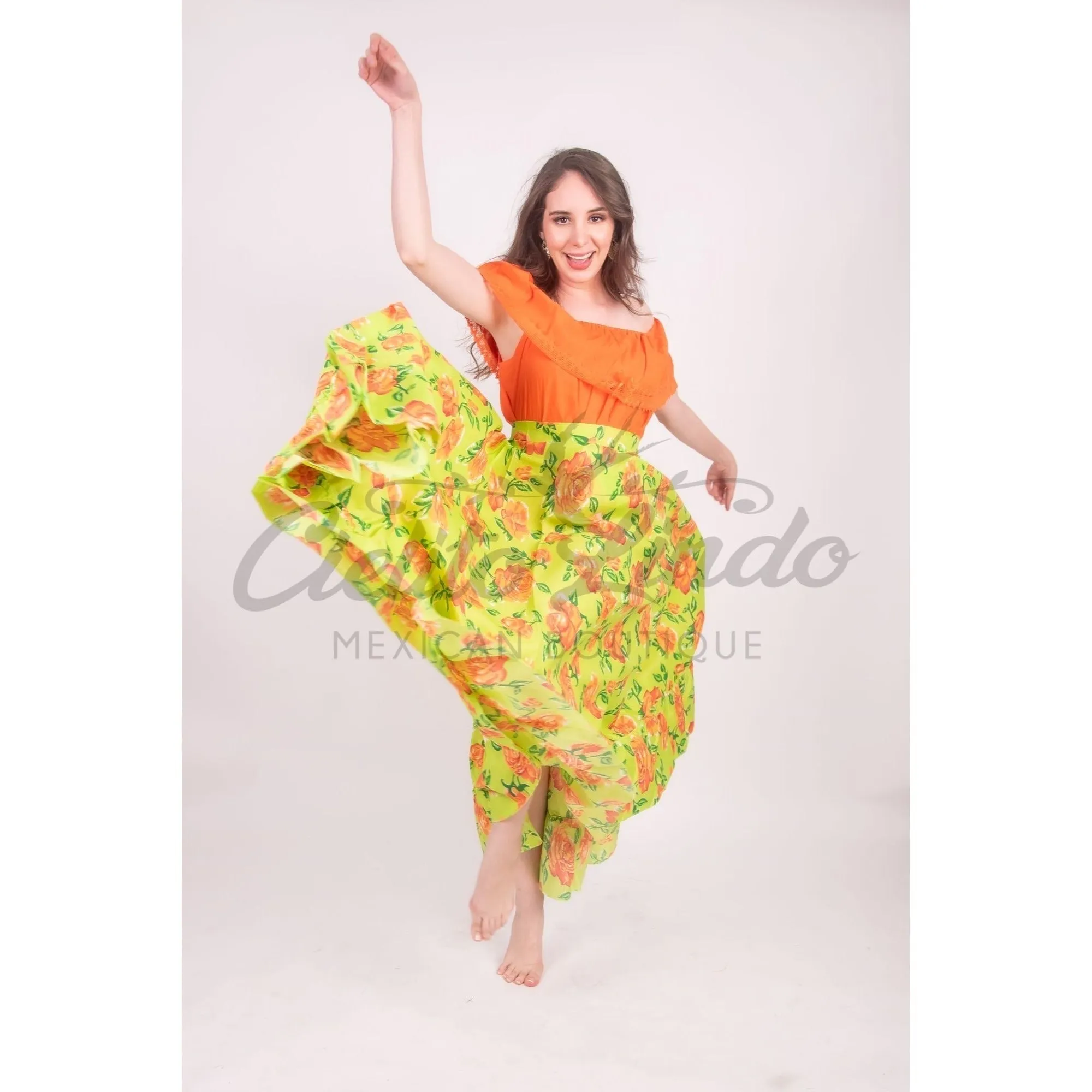 Mexican Folklorico Lime Green Floral Skirt