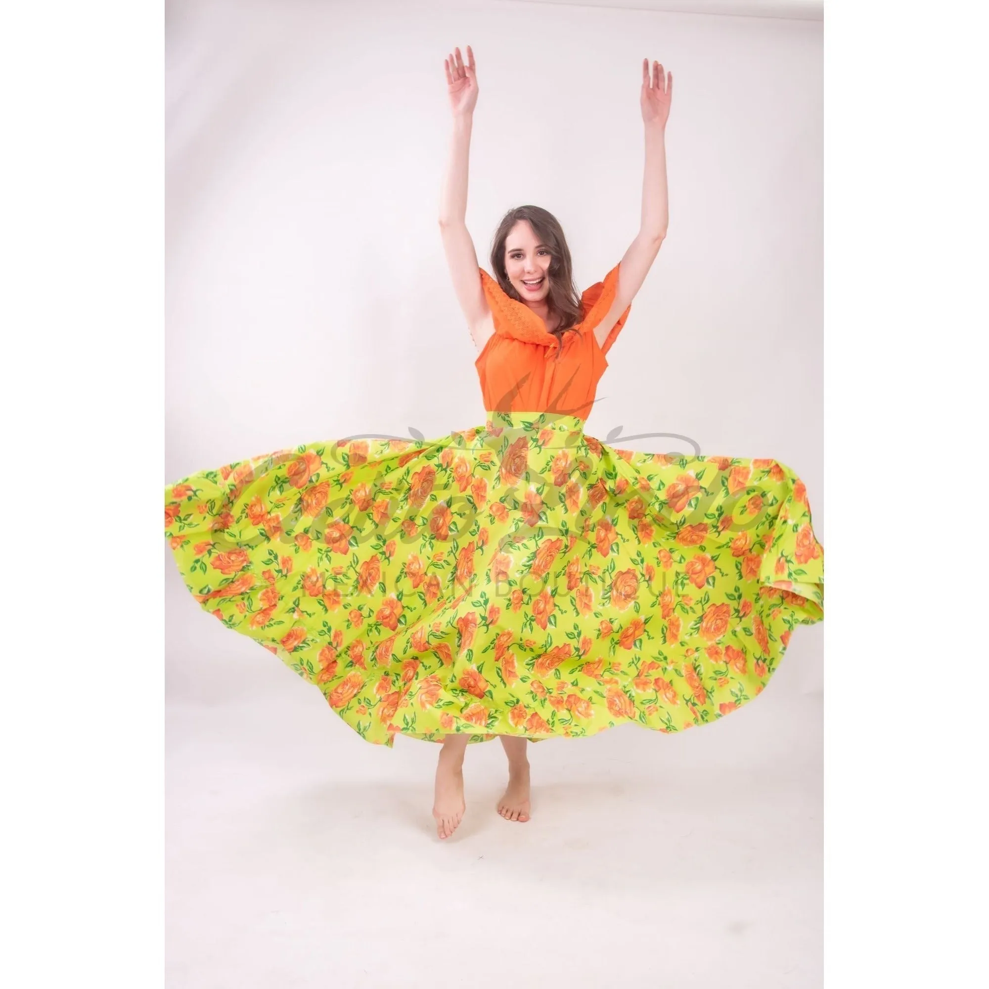 Mexican Folklorico Lime Green Floral Skirt