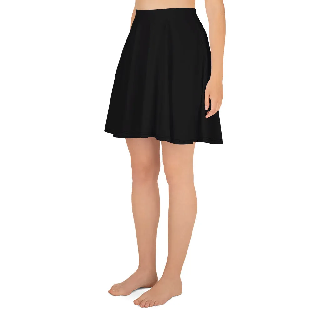 Minimalism Solid Black Skater Skirt, Mid Thigh High-Waist Women's Skater Skirt -Made in USA/EU