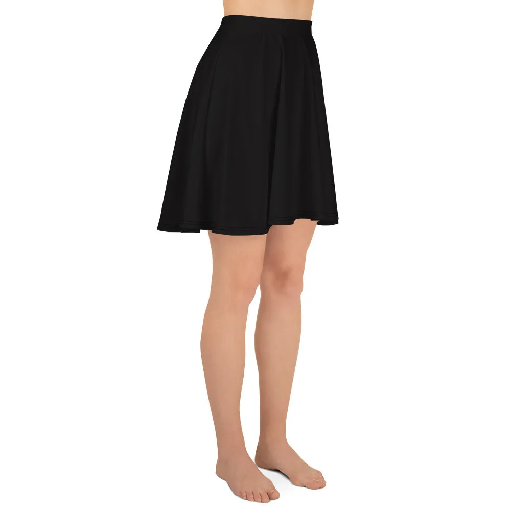 Minimalism Solid Black Skater Skirt, Mid Thigh High-Waist Women's Skater Skirt -Made in USA/EU