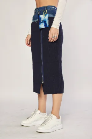 Navy knitted and denim skirt | HALF KNIT MIDI SKIRT