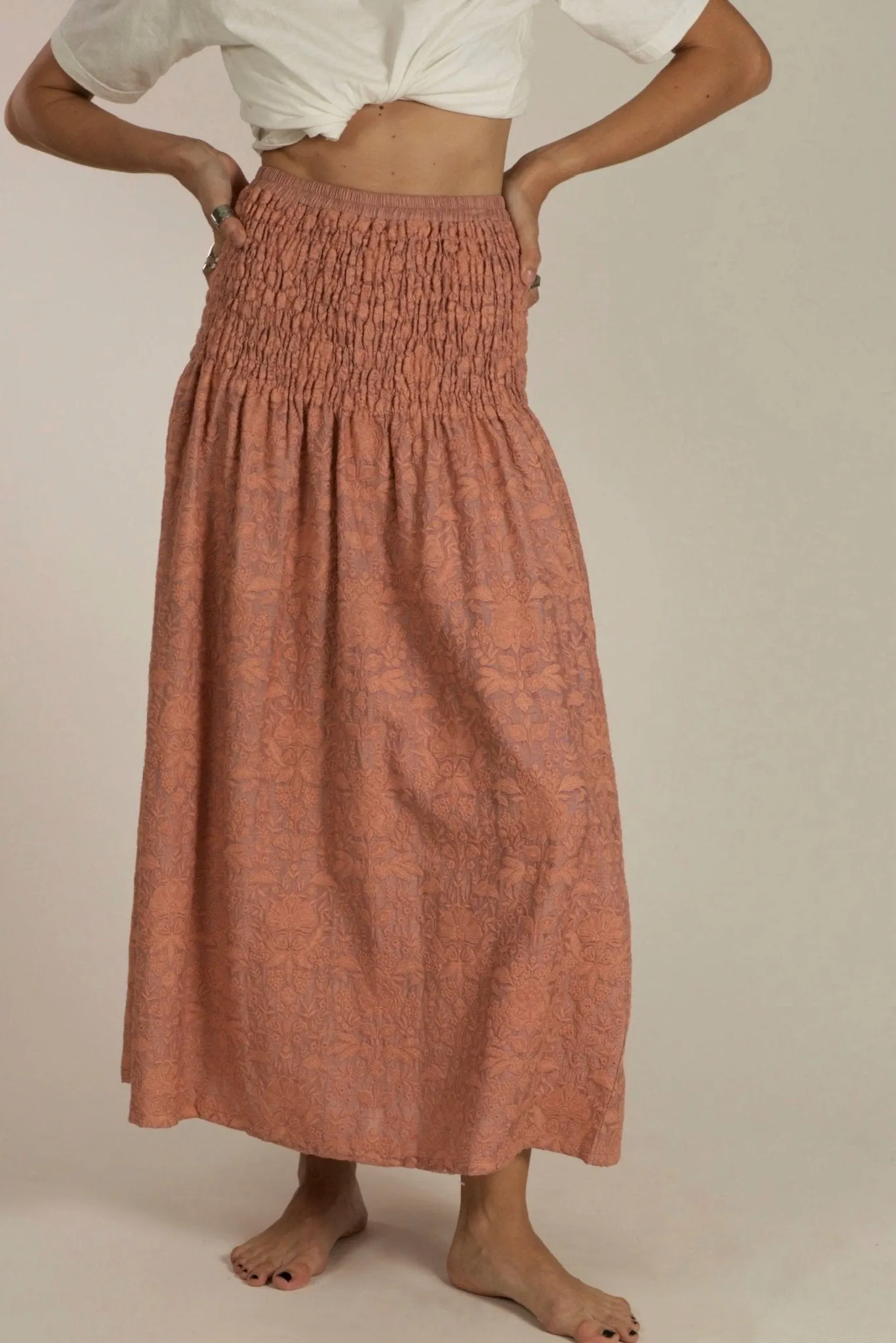 PEACH SILK EMBROIDERED SKIRT DRESS LISA