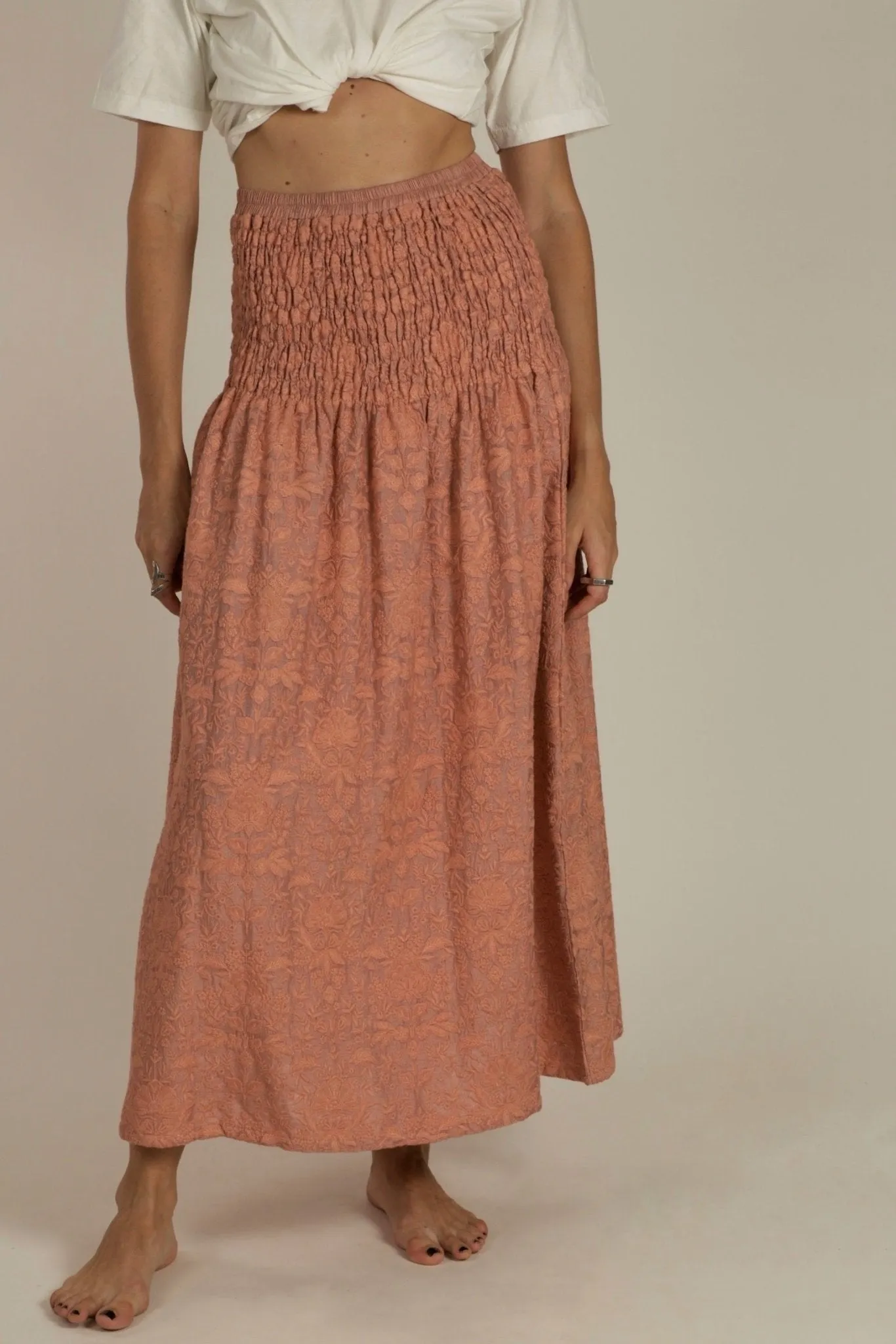 PEACH SILK EMBROIDERED SKIRT DRESS LISA