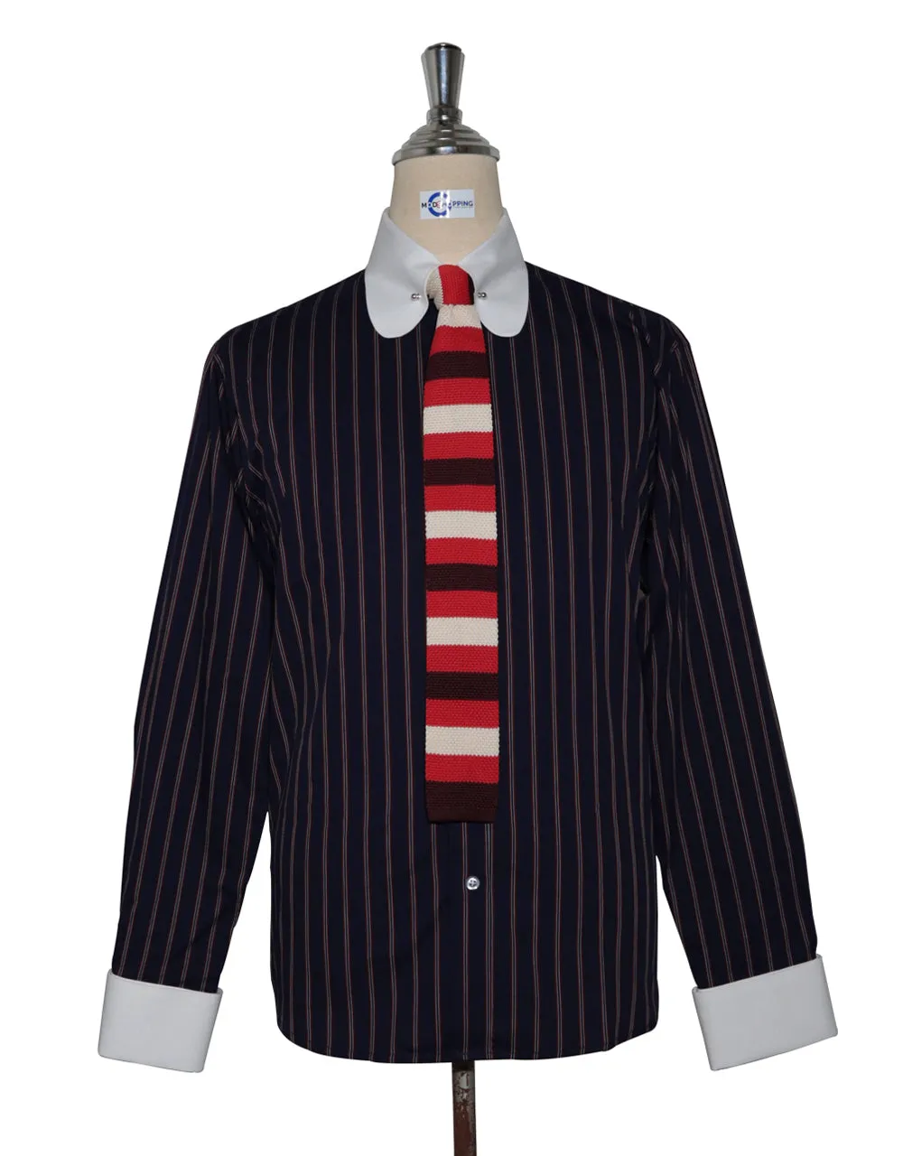 Penny Pin Collar Shirt - Dark Navy Blue, White and Burgundy Stripe Shirt