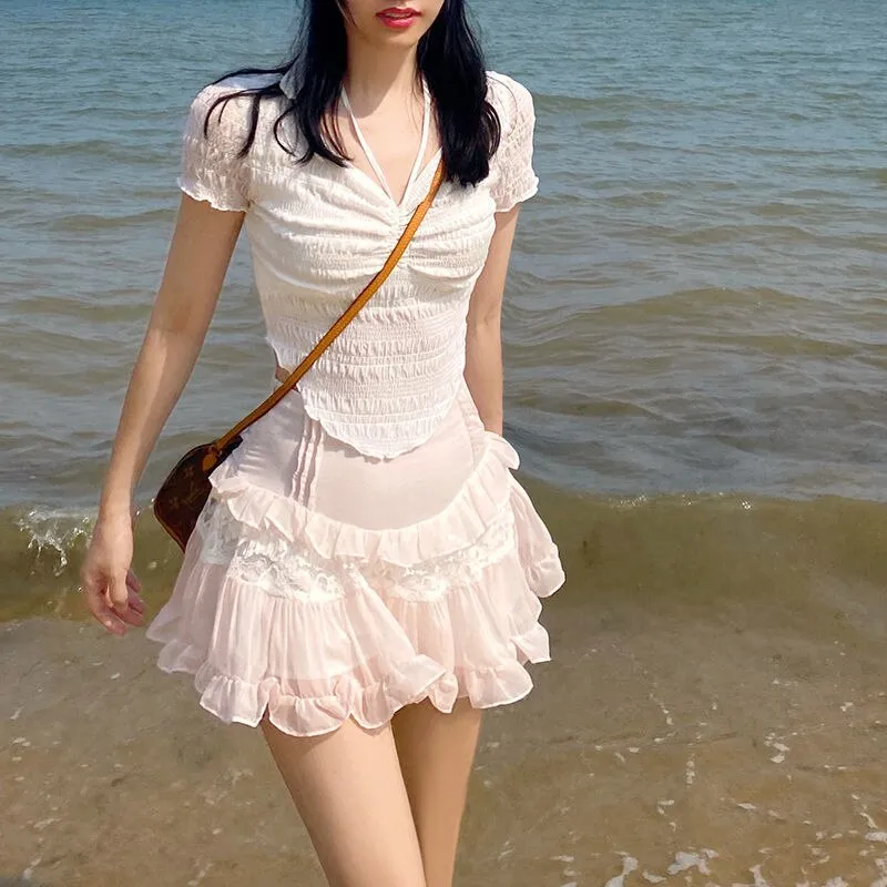 Pink Frilly High Waist Sweet Mini Skirt