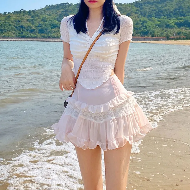 Pink Frilly High Waist Sweet Mini Skirt