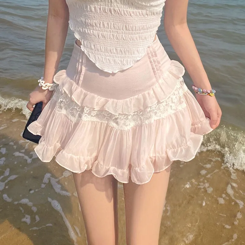 Pink Frilly High Waist Sweet Mini Skirt