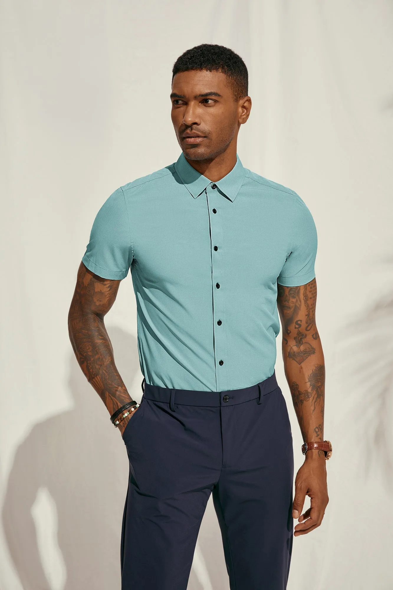 PJ Paul Jones Men Stylish Basic Shirt Short Sleeve Classic Collar Button-up Shirt Tops