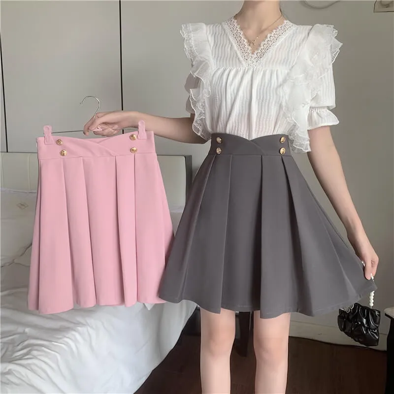 [Plus size] Fairy doll pink petal pleated skirt