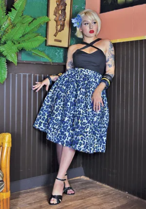 "Final Sale" Jungle Leopard Deluxe Beverly Gathered Skirt in Blue