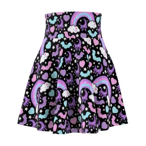 Rainbow Spooky Bats Black High Waist Skater Skirt