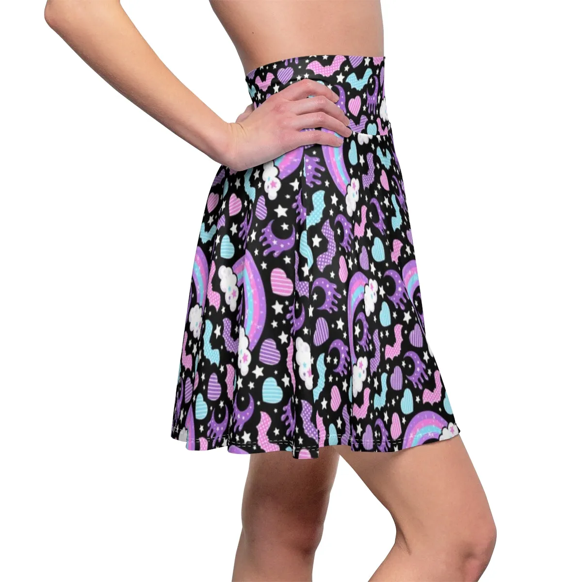 Rainbow Spooky Bats Black High Waist Skater Skirt