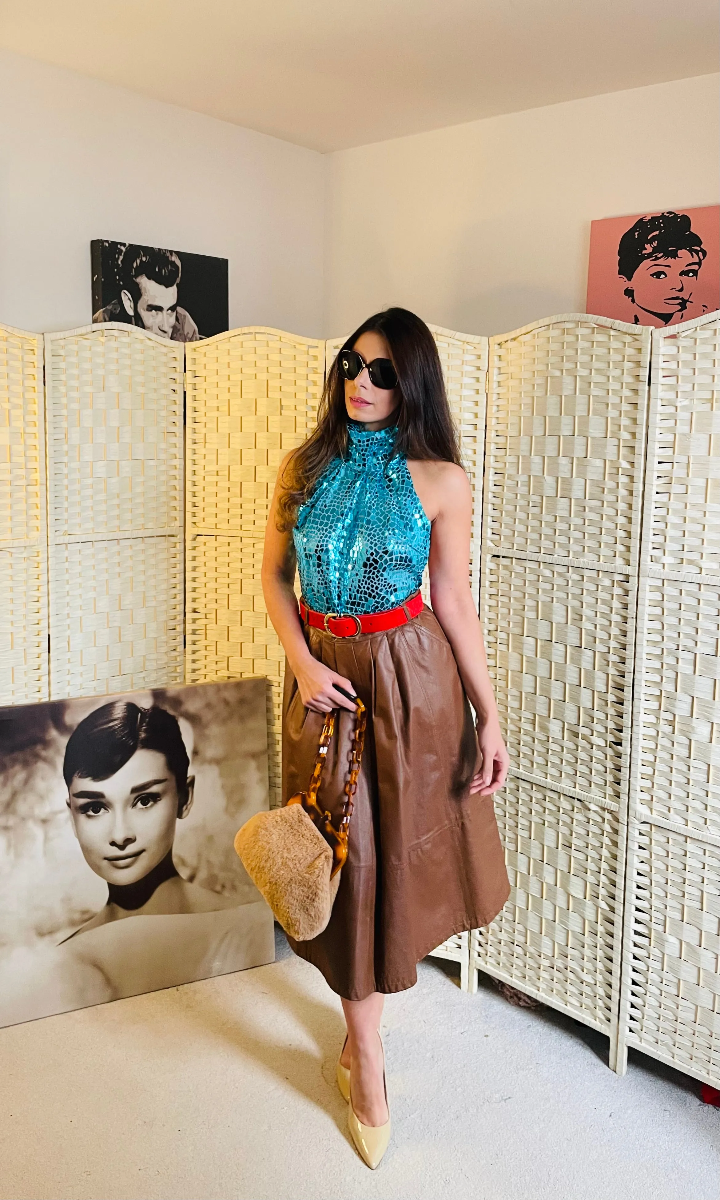 RENT Vintage Tan Leather Midi Skirt