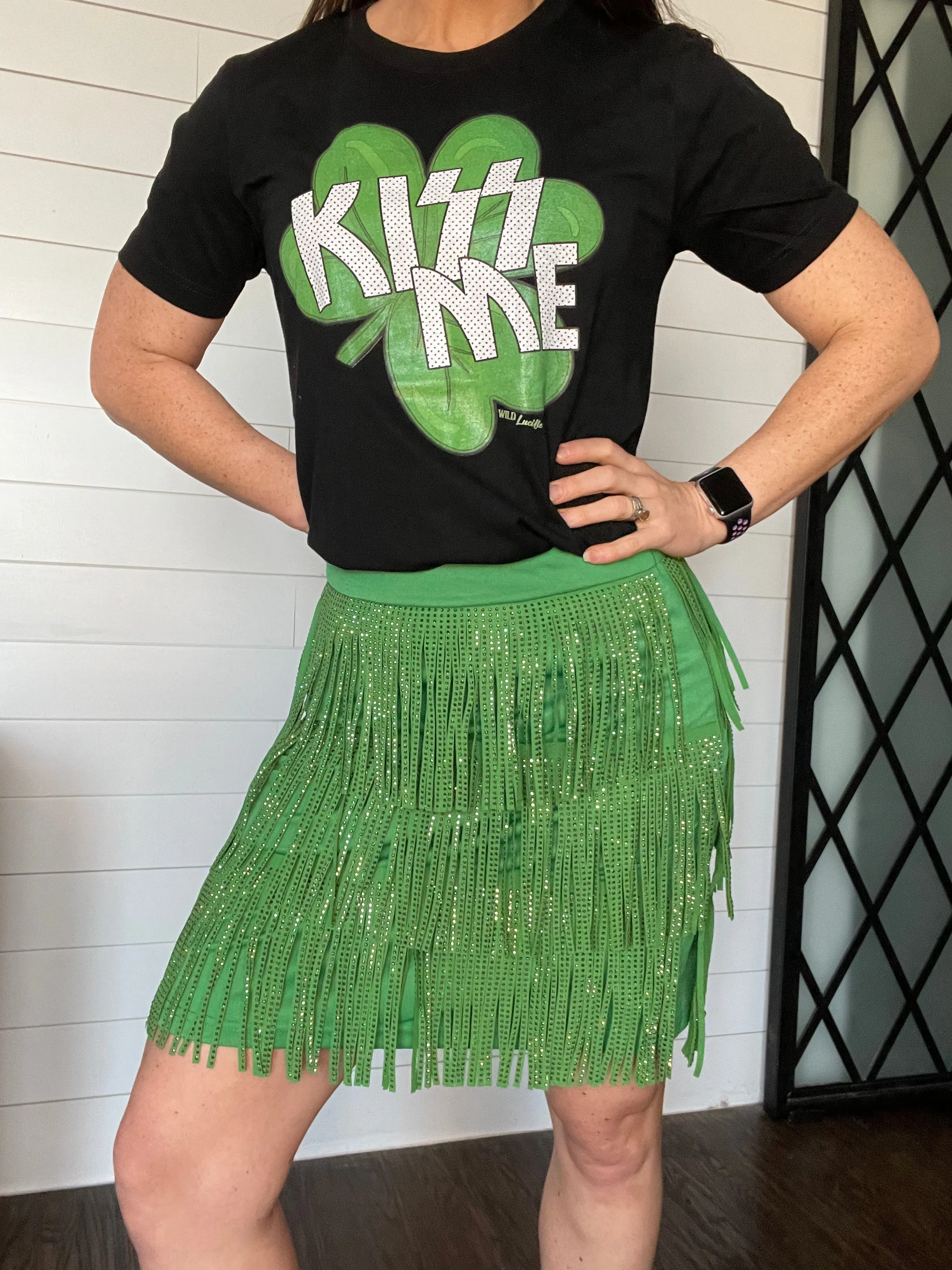 Rhinestone Suede Fringe Skirt in Green