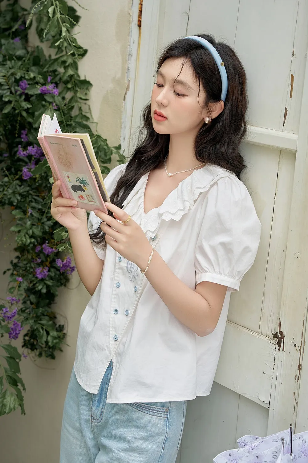 Ruffled Collar White Shirt for Women