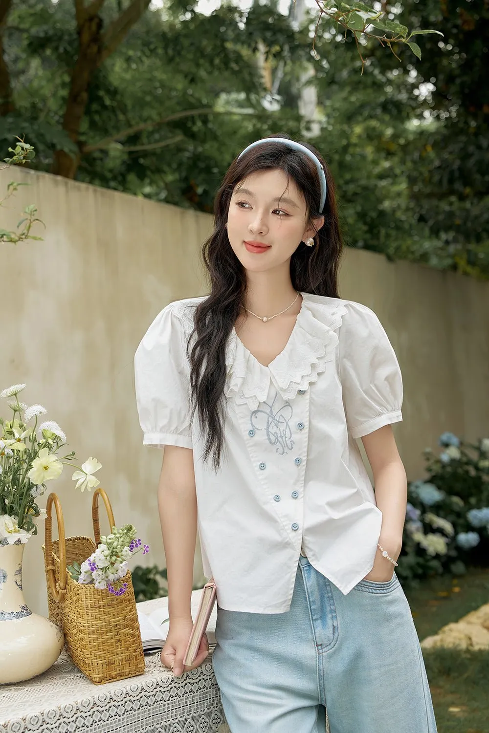 Ruffled Collar White Shirt for Women