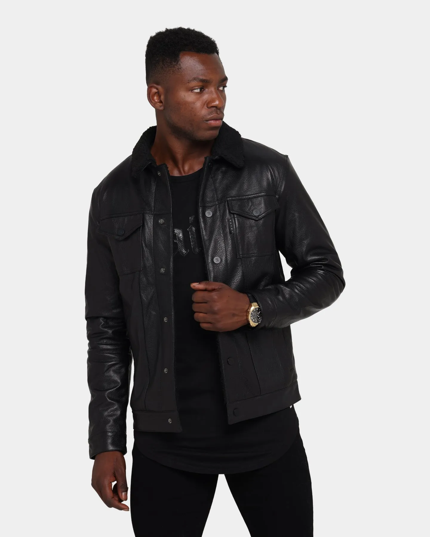 Saint Morta Leather Sherpa Trucker Jacket Black/Black