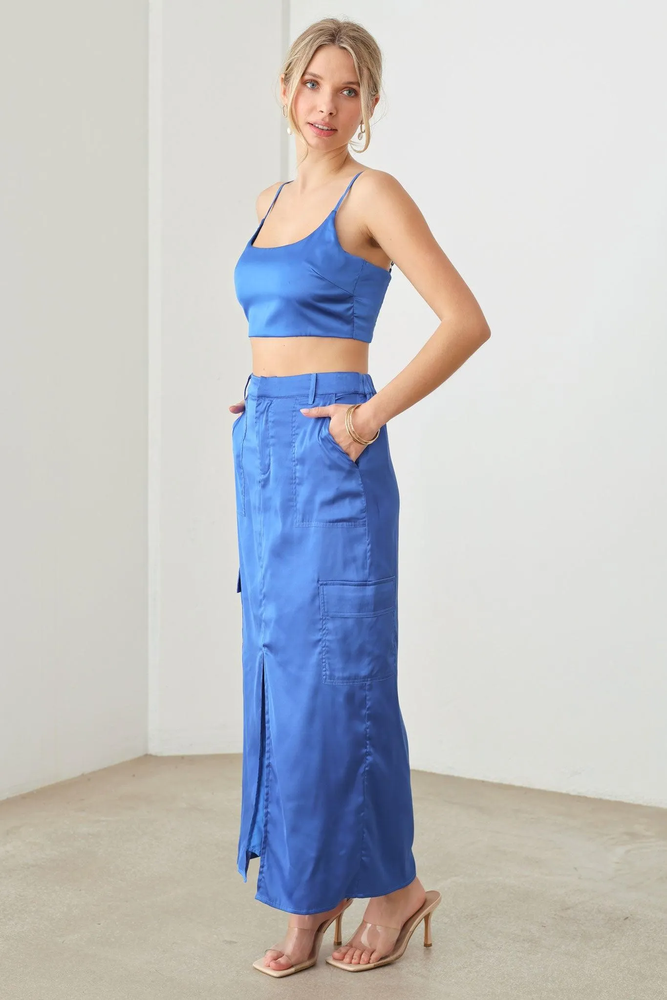 Satin Bra Top Scoop Neck Crop Top & Cargo Maxi Skirt Set