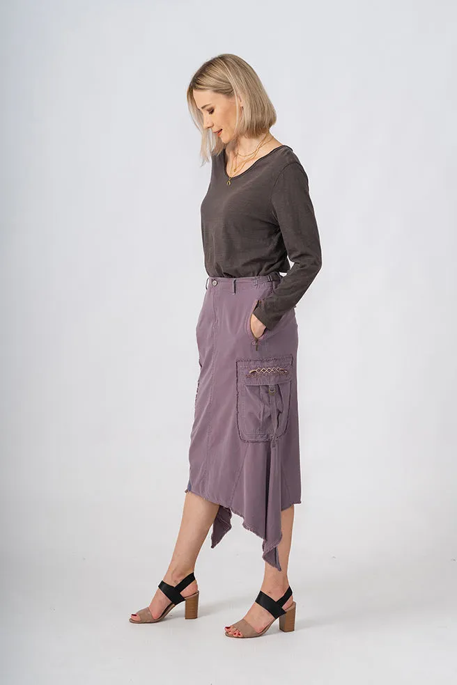 Silk Sharkbite skirt with embroidery in Violet