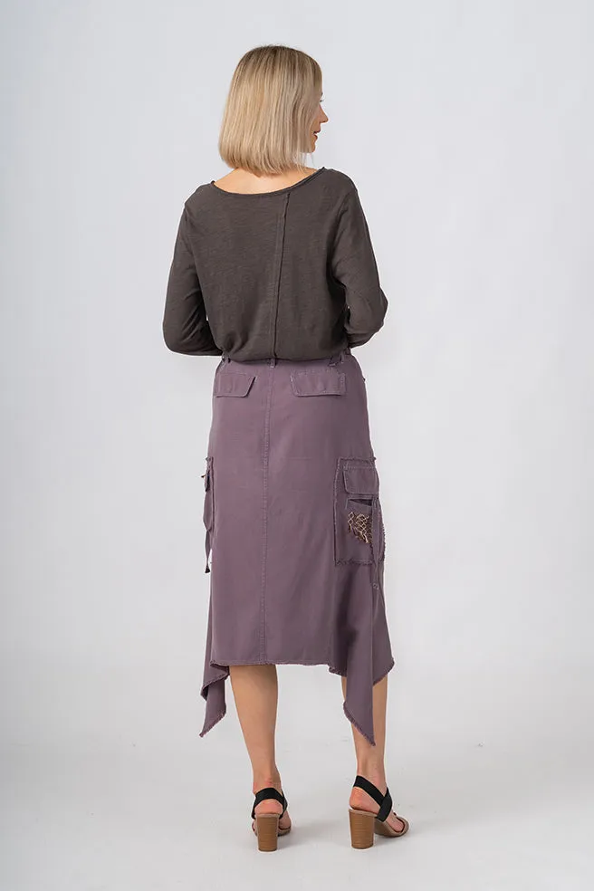 Silk Sharkbite skirt with embroidery in Violet