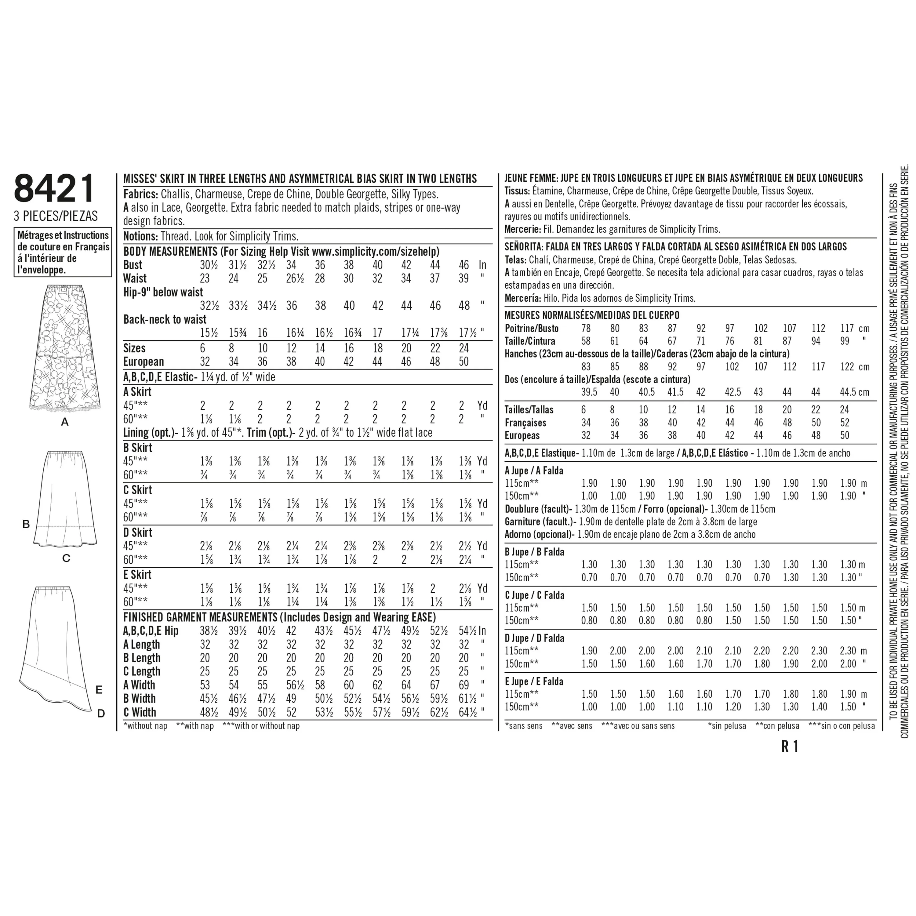 Simplicity Sewing Pattern 8421 Misses' Skirts in Three lengths with Hem Variations