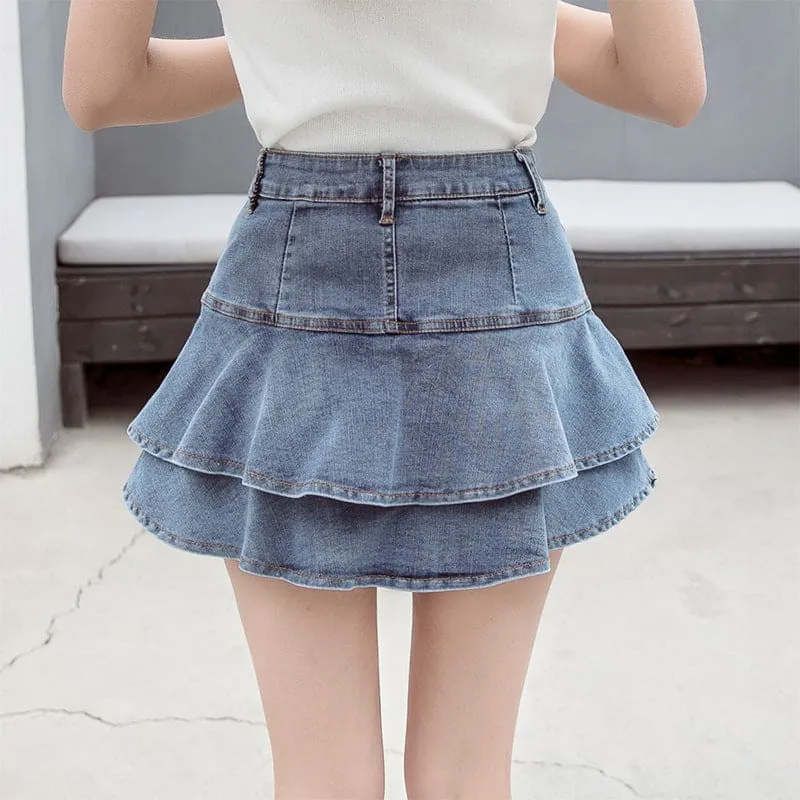 Slant Pocket Belt Loops Double Ruffle Layers Denim Skort