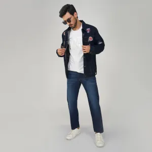 SLAY. Men's Patchwork Embroidered Navy Blue Vintage Button-Down Denim Biker Jacket & Jeans Co ord Set