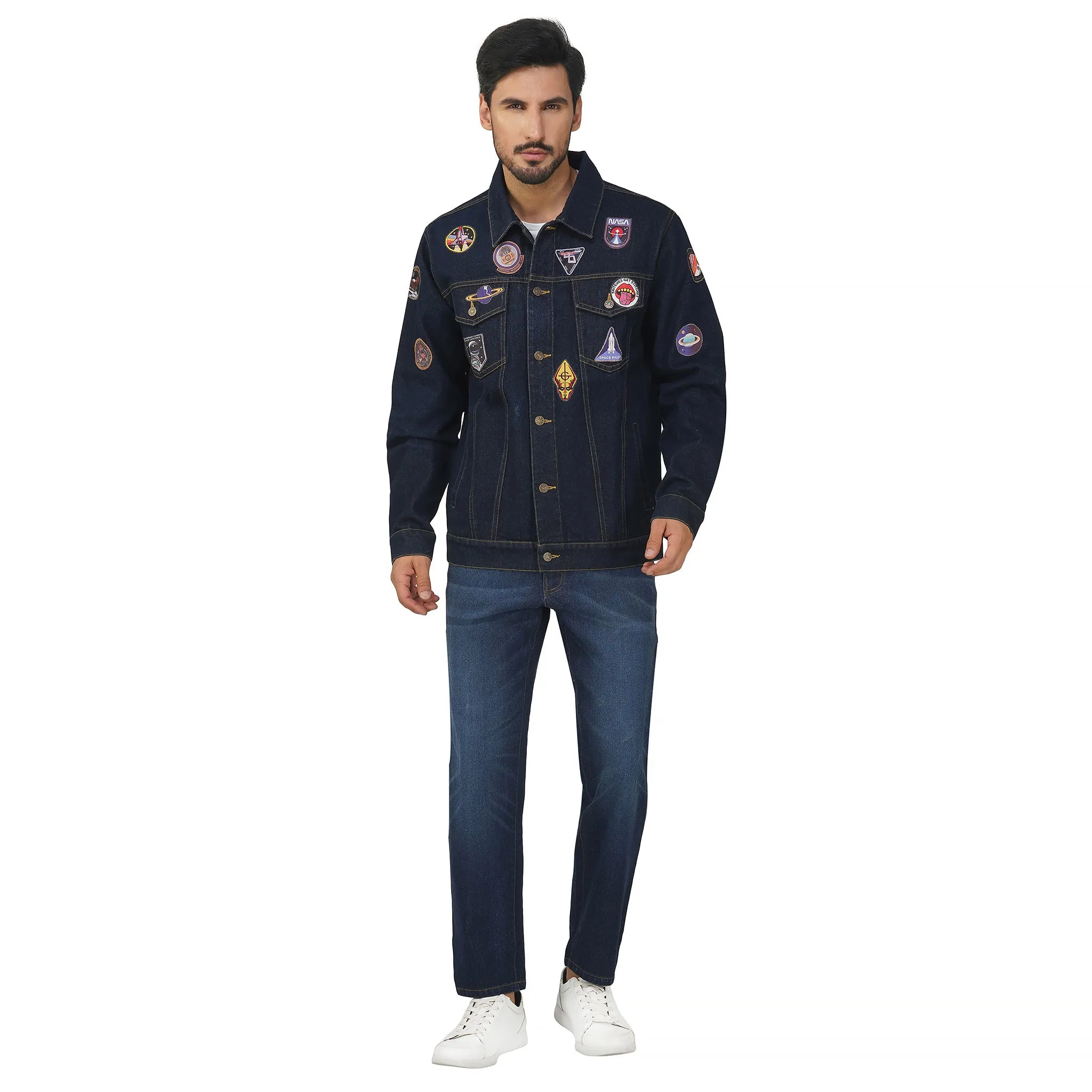 SLAY. Men's Patchwork Embroidered Navy Blue Vintage Button-Down Denim Biker Jacket & Jeans Co ord Set