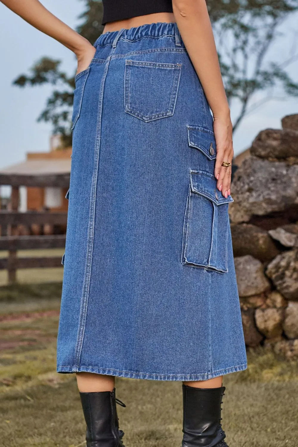 Slit Front Midi Denim Skirt with Pockets Cargo Skirts New Women's Fashion Maxi