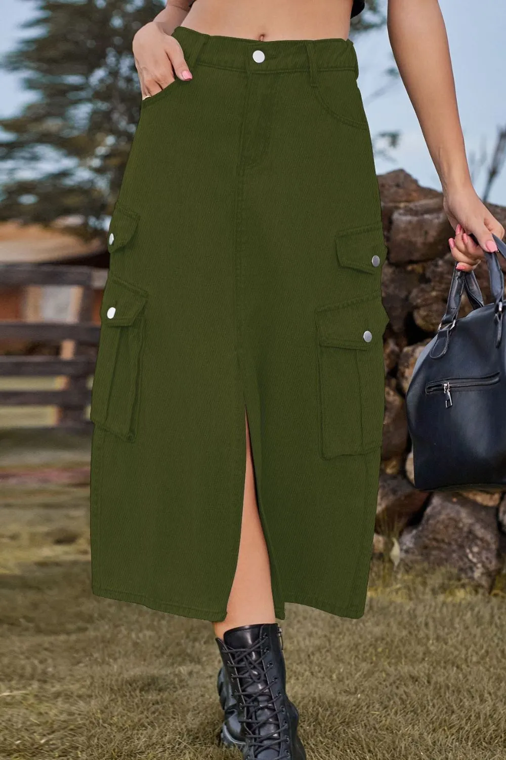 Slit Front Midi Denim Skirt with Pockets Cargo Skirts New Women's Fashion Maxi