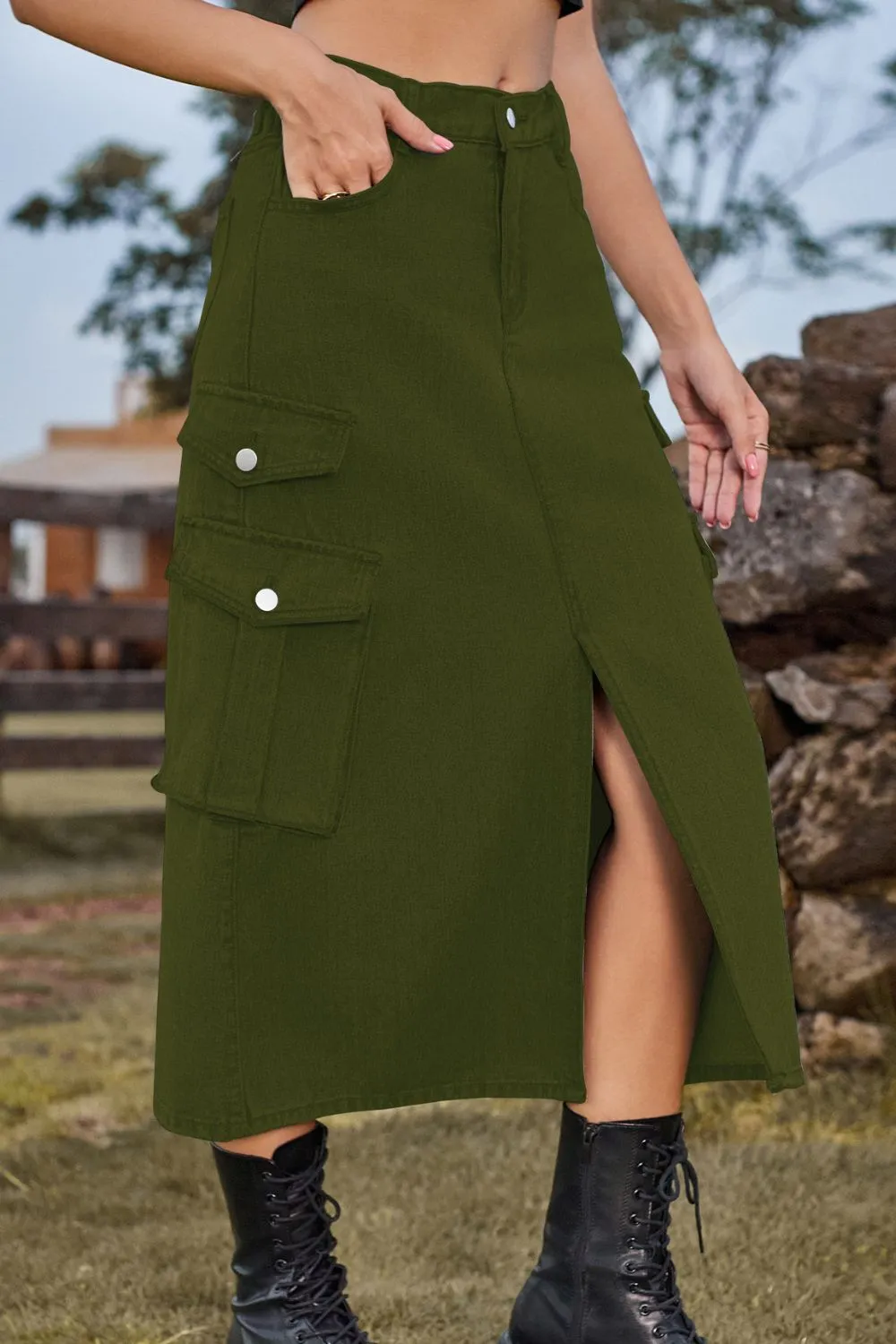 Slit Front Midi Denim Skirt with Pockets Cargo Skirts New Women's Fashion Maxi