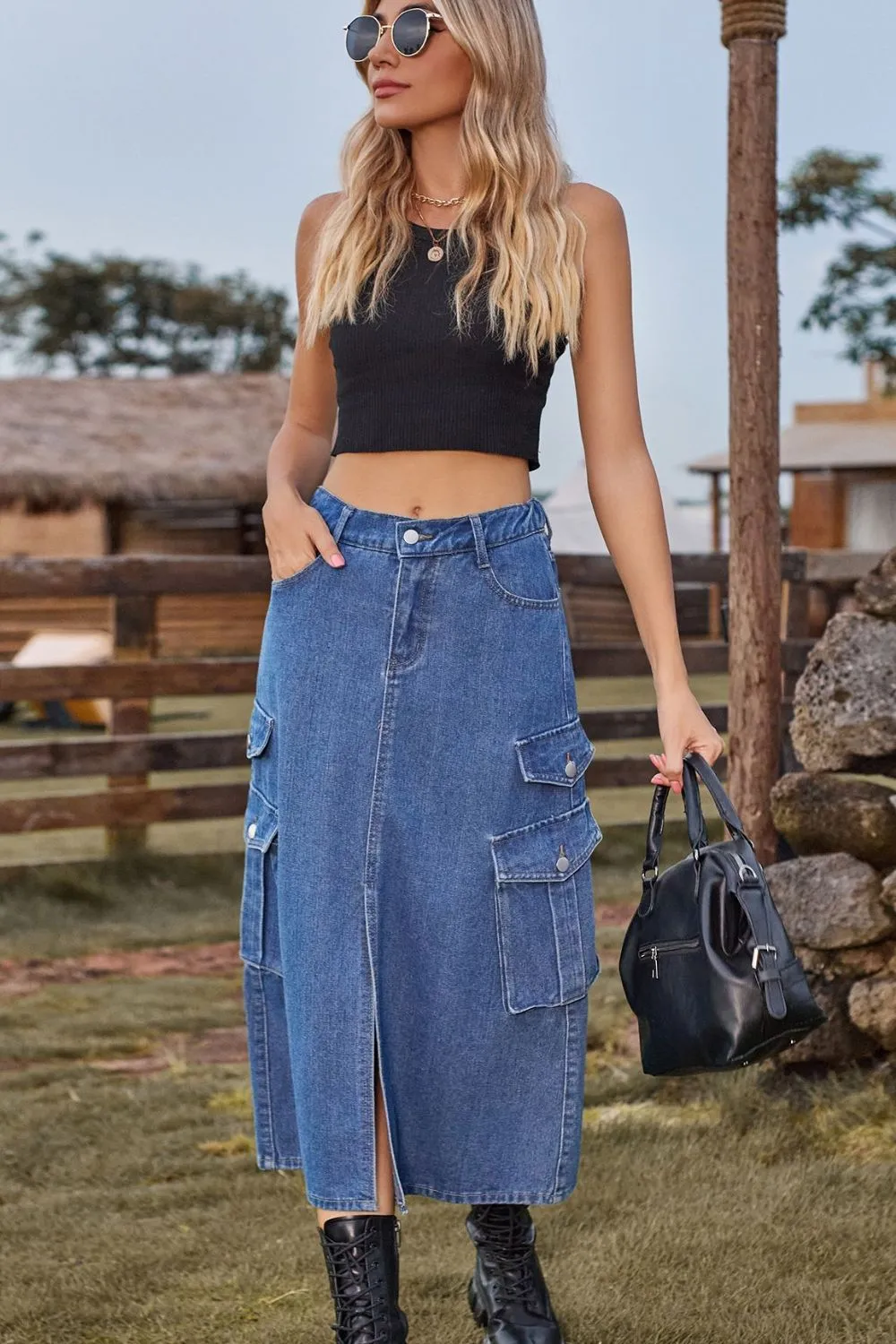 Slit Front Midi Denim Skirt with Pockets Cargo Skirts New Women's Fashion Maxi