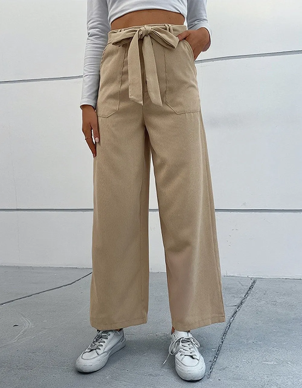 Solid-color Corduroy Belted Pocket Wide-Leg Pants