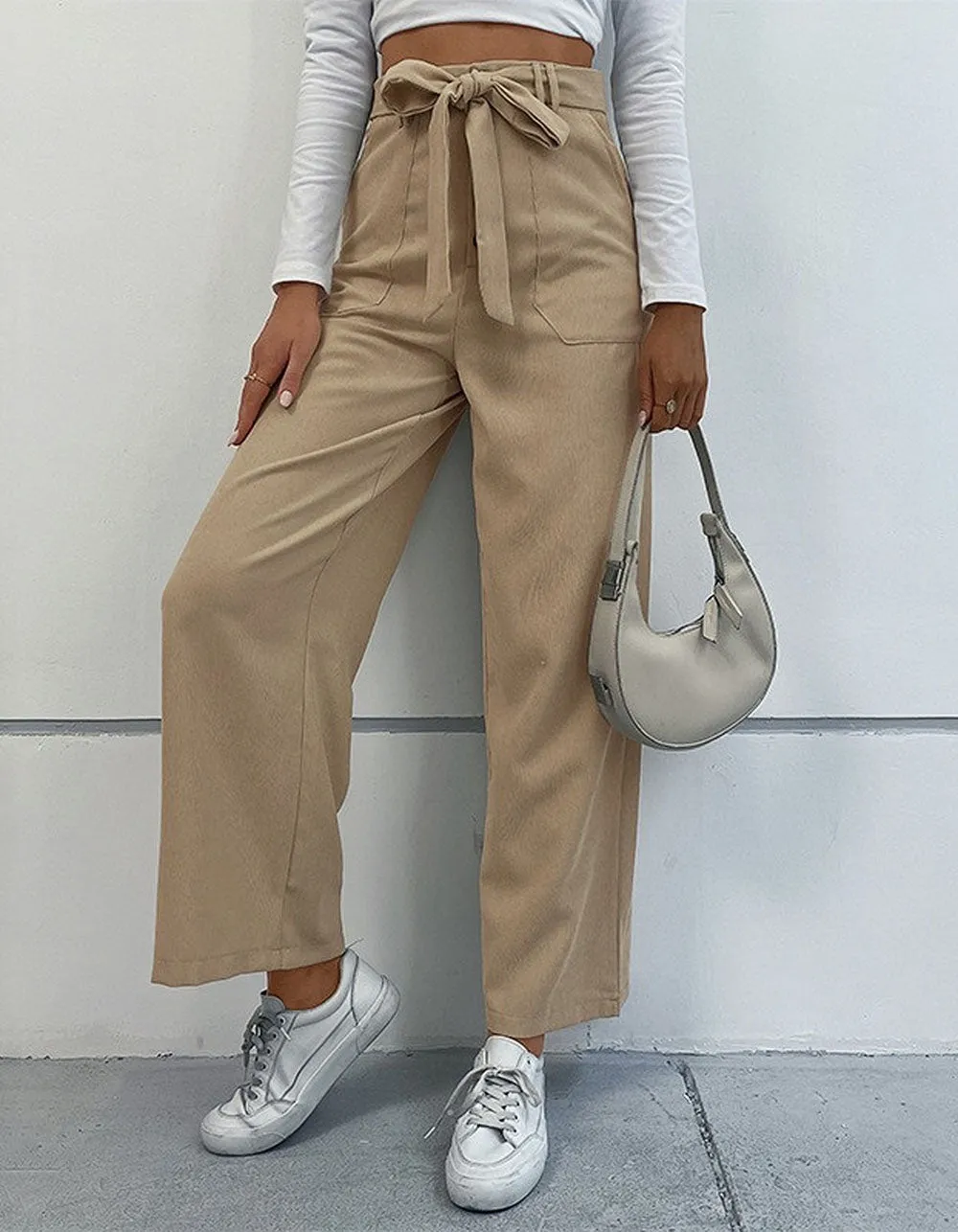 Solid-color Corduroy Belted Pocket Wide-Leg Pants