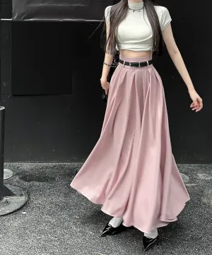 Summer High Waist Pleated A-line Long Gray Grey Pink Skirt